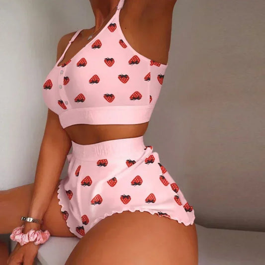 Ropa de dormir para mujer, conjunto de pijamas suspendidos para el hogar con estampado de mariposas y labios, chaleco, sujetador, Top, ropa de dormir corta, lencería, camisón para mujer