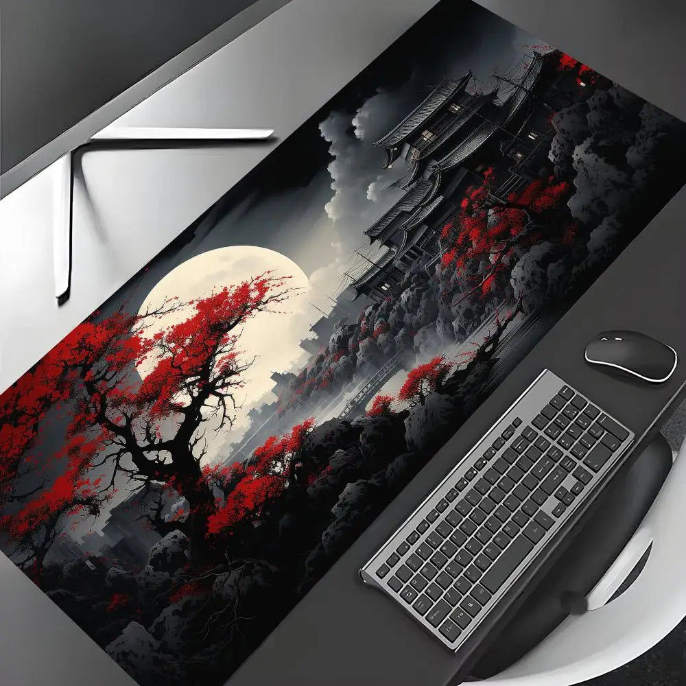 Alfombrilla de ratón grande con paisajes artísticos en rojo y negro, alfombrilla de escritorio duradera antideslizante, accesorios de oficina, alfombrilla para teclado y ratón, Tapis De Bureau