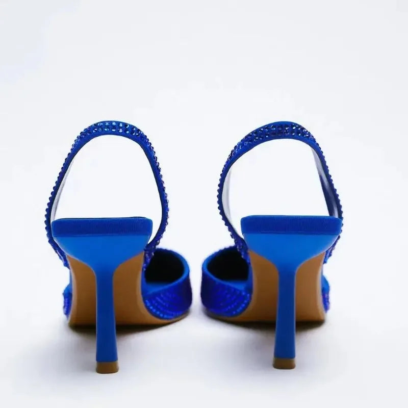 Zapatos de tacón alto 2025, novedad de verano, sandalias de marca para mujer, zapatos de tacón alto con hebilla de cristal a la moda, zapatos dorados elegantes para fiesta para mujer