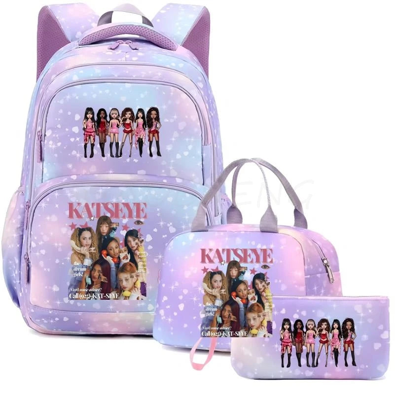 Mochila Katseye para mujer, 3 unidades/juego, mochila escolar para estudiantes, mochila de viaje al aire libre de gran capacidad, mochila escolar para estudiantes con dibujos animados