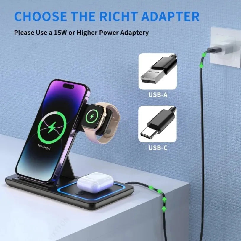 VIKEFON Estación de Carga Inalámbrica Plegable 3 en 1 para iPhone 17-12 Pro Max, iWatch Ultra y Airpods Pro, Base de Carga Rápida