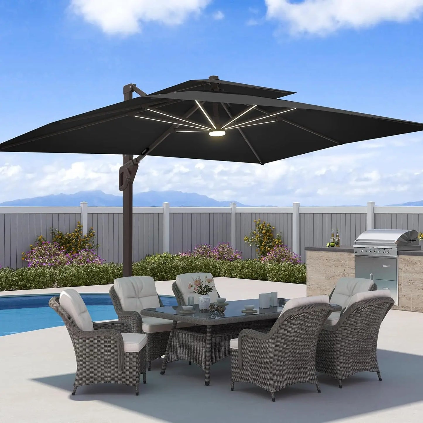 Sombrilla de Patio de 9x12 Pies con Luces LED, Sombrilla Rectangular Grande y Resistente de Aluminio para Exteriores, Personalizable