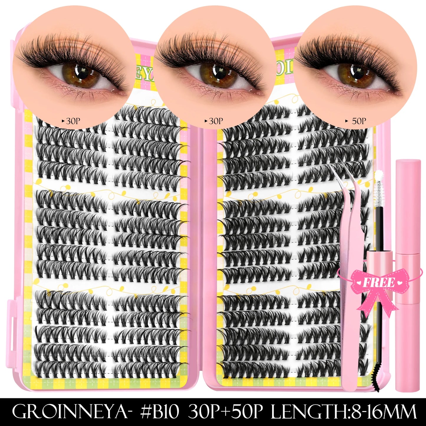GROINNEYA Clusters de pestañas 540 Uds Kit de extensiones de pestañas de gato Kit de pestañas en racimo con Kit de maquillaje de pestañas Bond & Seal