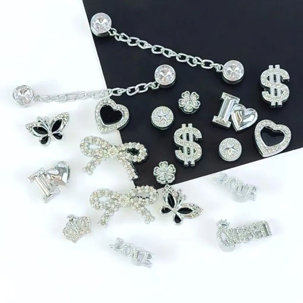 Juego de 20 piezas de dijes para zapatos, corona plateada, letra, mariposa, cadena de diamantes, decoraciones para zapatos, hebilla para sandalias, zuecos, accesorios DIY, regalo