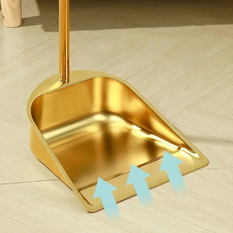 Juego de escoba y recogedor de acero inoxidable dorado, modelo básico, recogedor para exteriores, recogedor para restaurantes, escoba para limpieza de suelos, recogedor de pie, recogedor para jardín, para el hogar y la ofic