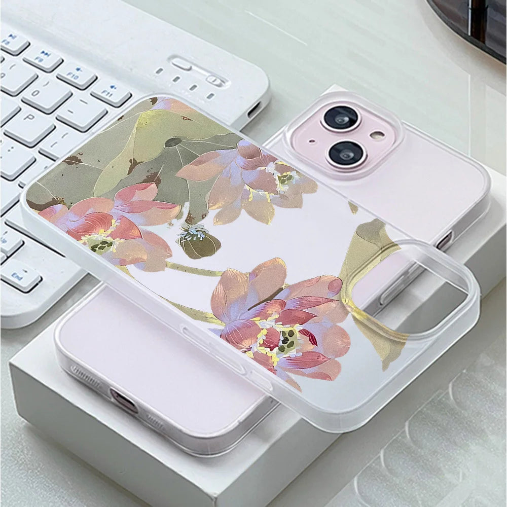 Funda de teléfono con flores para iPhone 16 Pro, funda trasera de piel sedosa delgada translúcida para iPhone 13 11 12 14 15 Pro Max 13 Mini 15 Plus