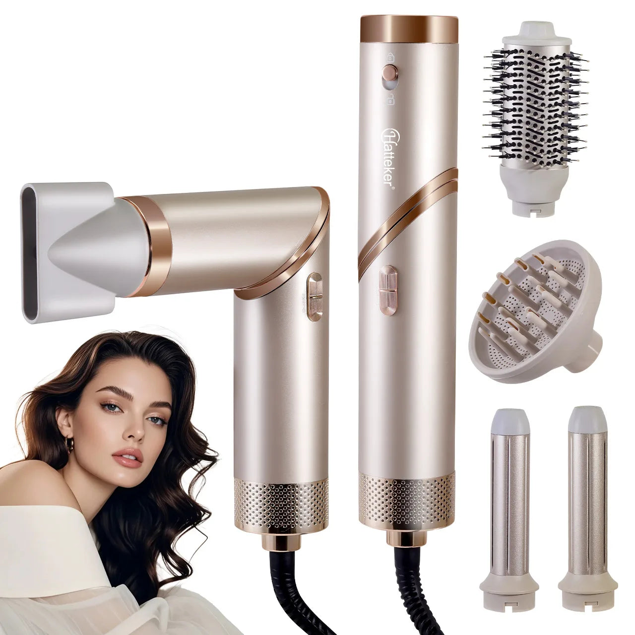 Secador de pelo plegable Hatteker para mujer, cepillo de aire caliente multifunción, estilizador de pelo liso y rizado, secador de viaje ligero