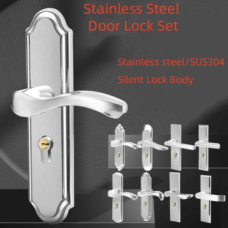 Juego de cerradura de puerta de acero inoxidable 304, manija de palanca de puerta Interior silenciosa para dormitorio, baño, manija de prensa, cerradura para puerta de madera maciza