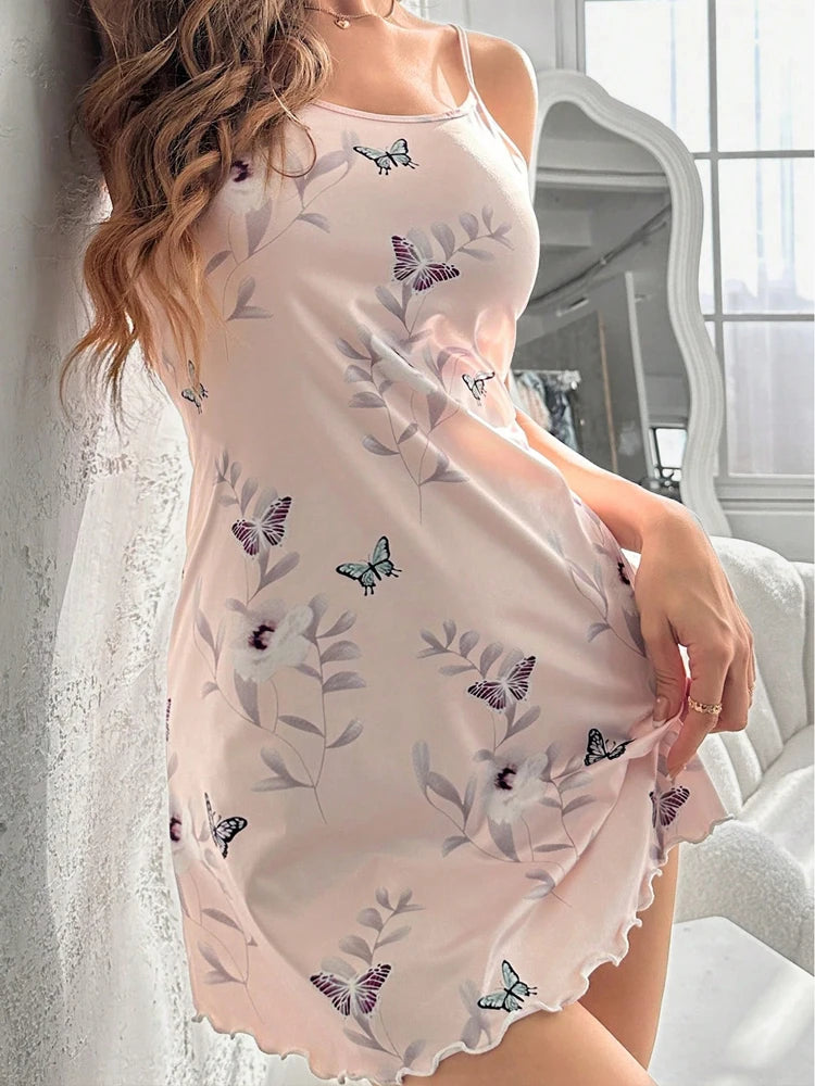 Camisón de satén para mujer, diseño de oso de peluche, mariposa, corazón y estampado floral, sexy, con volantes, para verano