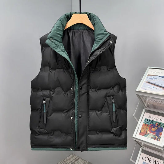 Nuevo chaleco con cuello levantado para hombre, chaqueta sin mangas de Color sólido, chaleco informal de otoño e invierno, calentador corporal de talla grande, ropa para exteriores