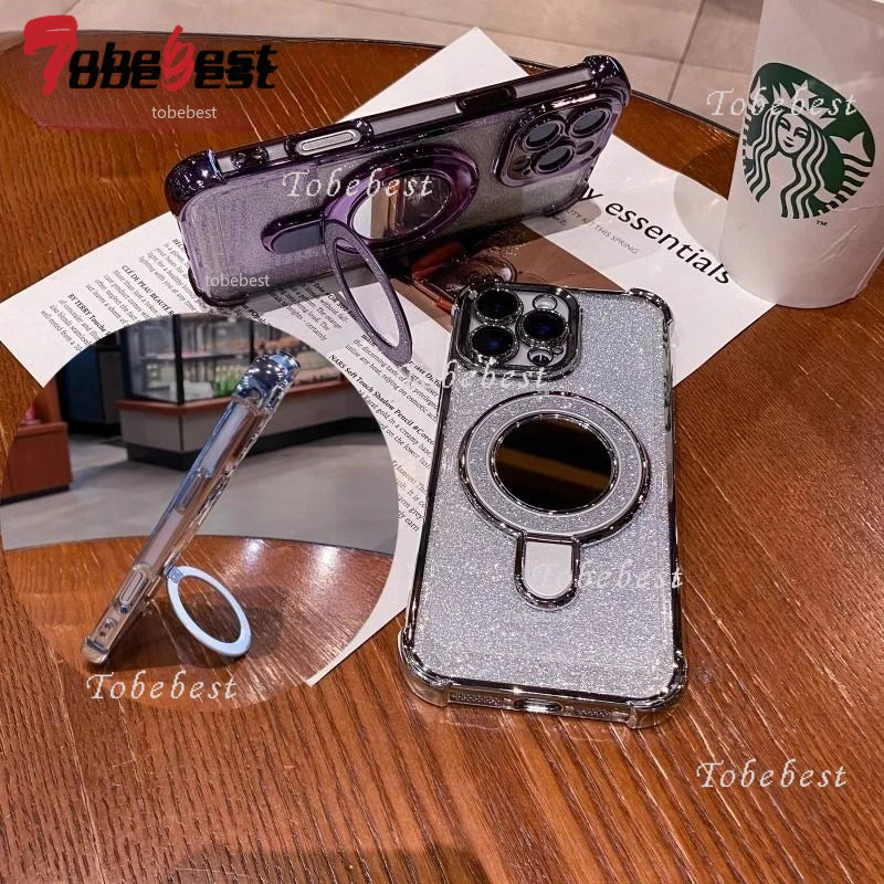 Para Huawei Honor Magic 7 Lite 6 5 4 3 Pro funda con brillo chapado espejo de maquillaje soporte magnético para teléfono funda de pulsera