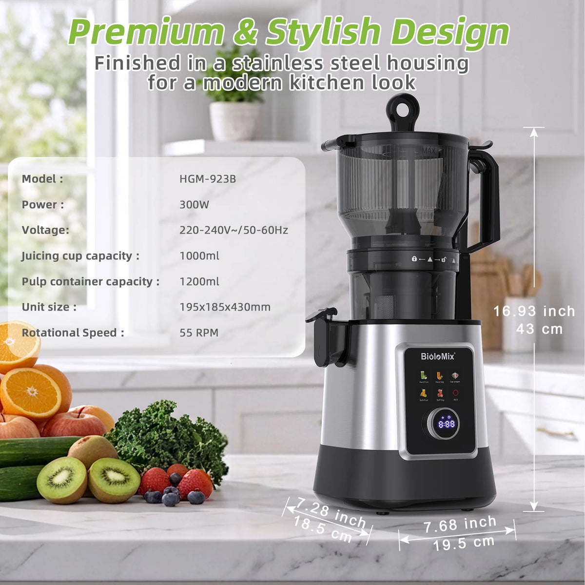 Extractor de Jugos Eléctrico Multifunción 3 en 1 BioloMix – Toma de Alimentación Ancha de 150 mm, Motor de 300 W con Pantalla Digital para Jugos Ricos en Nutrientes