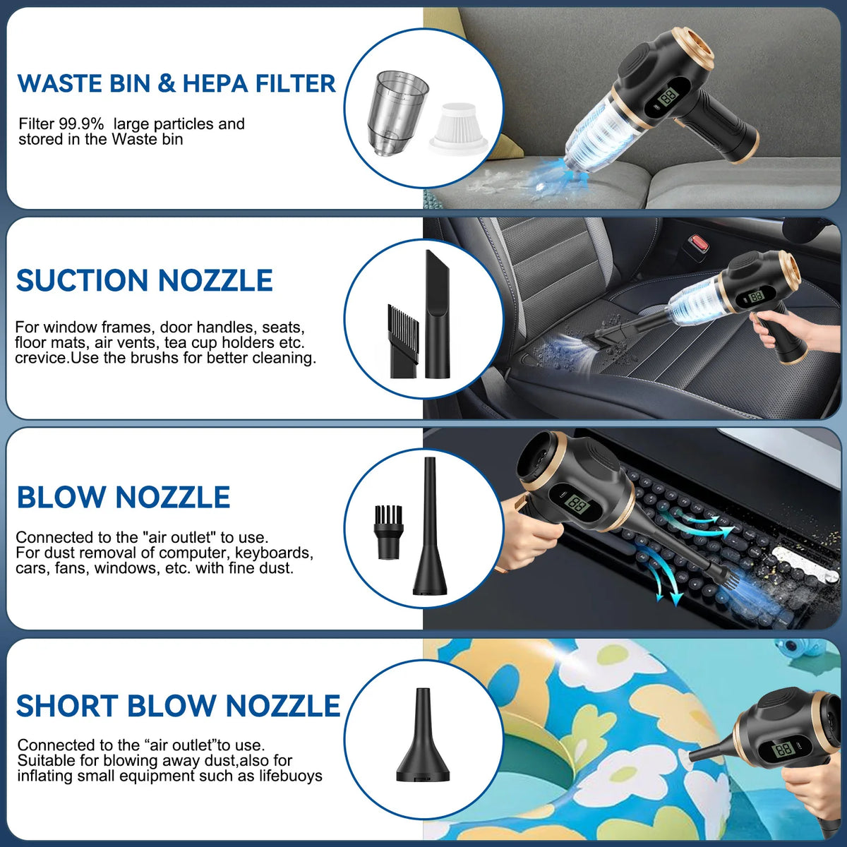 Potente plumero y aspiradora 2 en 1, limpiador inalámbrico de mano con pantalla digital para electrónica, coche, hogar y oficina
