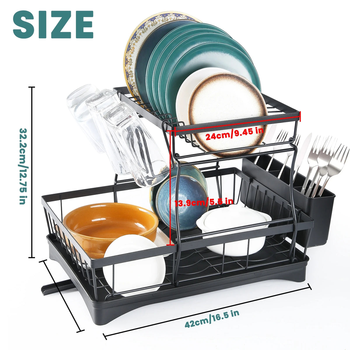 Escurridor de platos grande de 2 niveles para encimeras de cocina, escurridor de platos extraíble de gran capacidad
