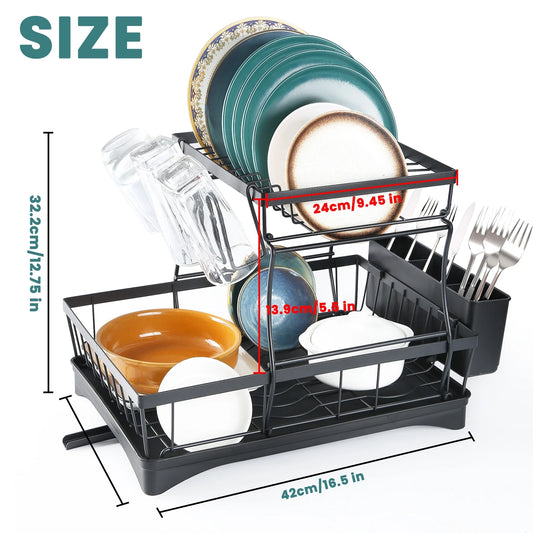 Escurridor de platos grande de 2 niveles para encimeras de cocina, escurridor de platos extraíble de gran capacidad