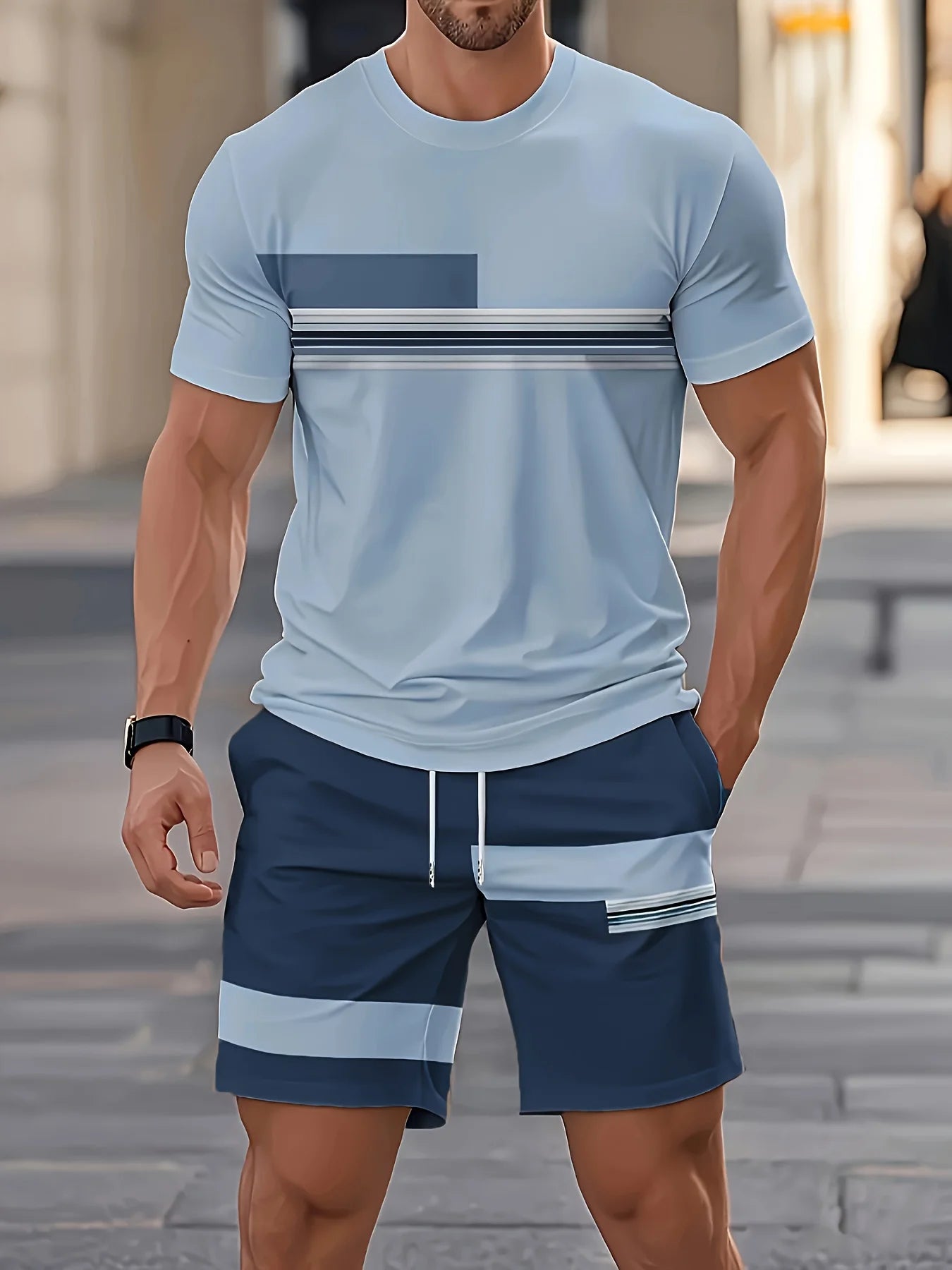 Nueva ropa deportiva de verano para hombre, conjunto de camiseta de manga corta a rayas, ropa de viaje al aire libre de dos piezas, pantalones cortos de ajuste relajado, ropa de entrenamiento