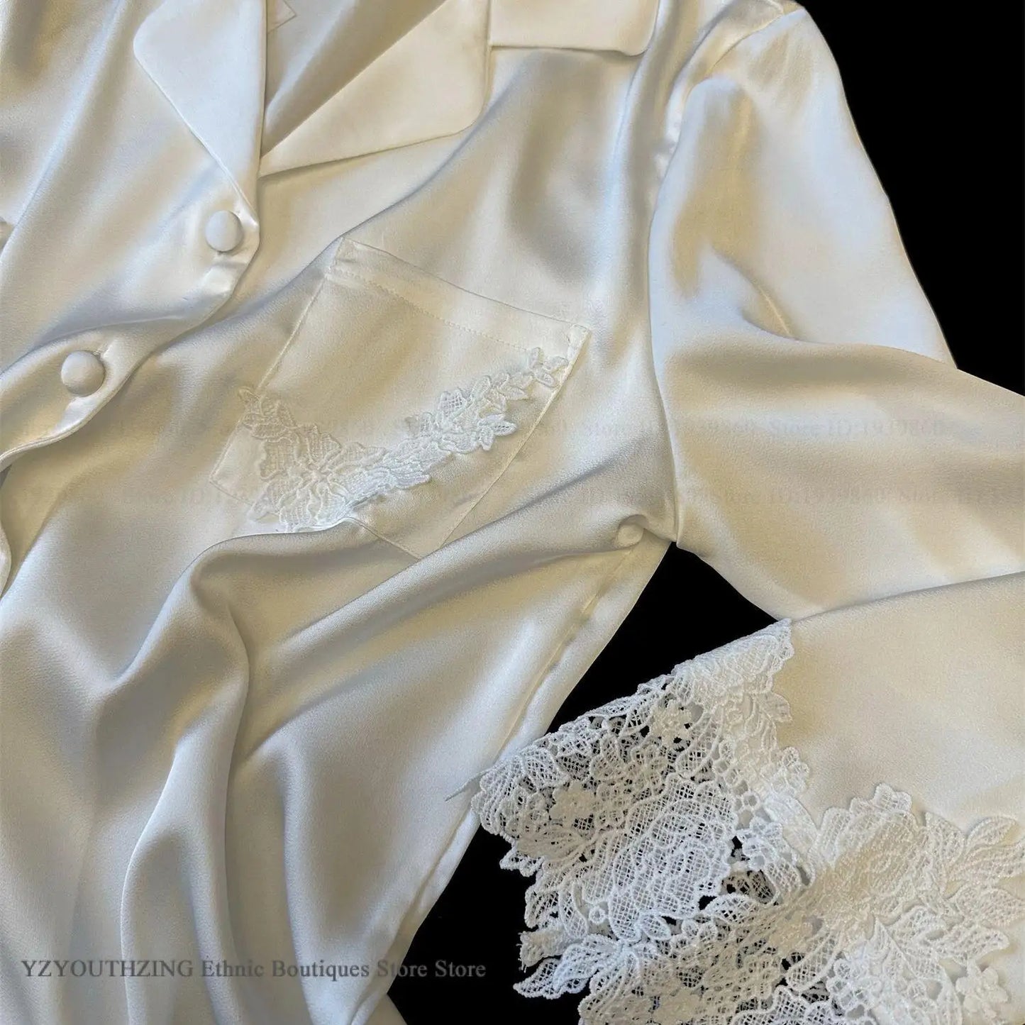 Conjunto de pijamas para mujer, ropa de dormir de satén blanco con encaje, ropa de dormir para novia y boda, regalo para el hogar, traje de pantalón holgado Sexy de manga larga, ropa de descanso