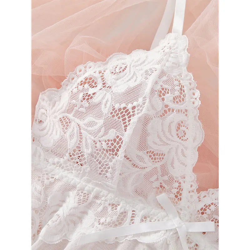 Traje con tirantes, camisón ultrafino de verano, conjuntos de Tanga de encaje, pijamas sexis para mujer, lencería, vestido de noche caliente, ropa de dormir cómoda