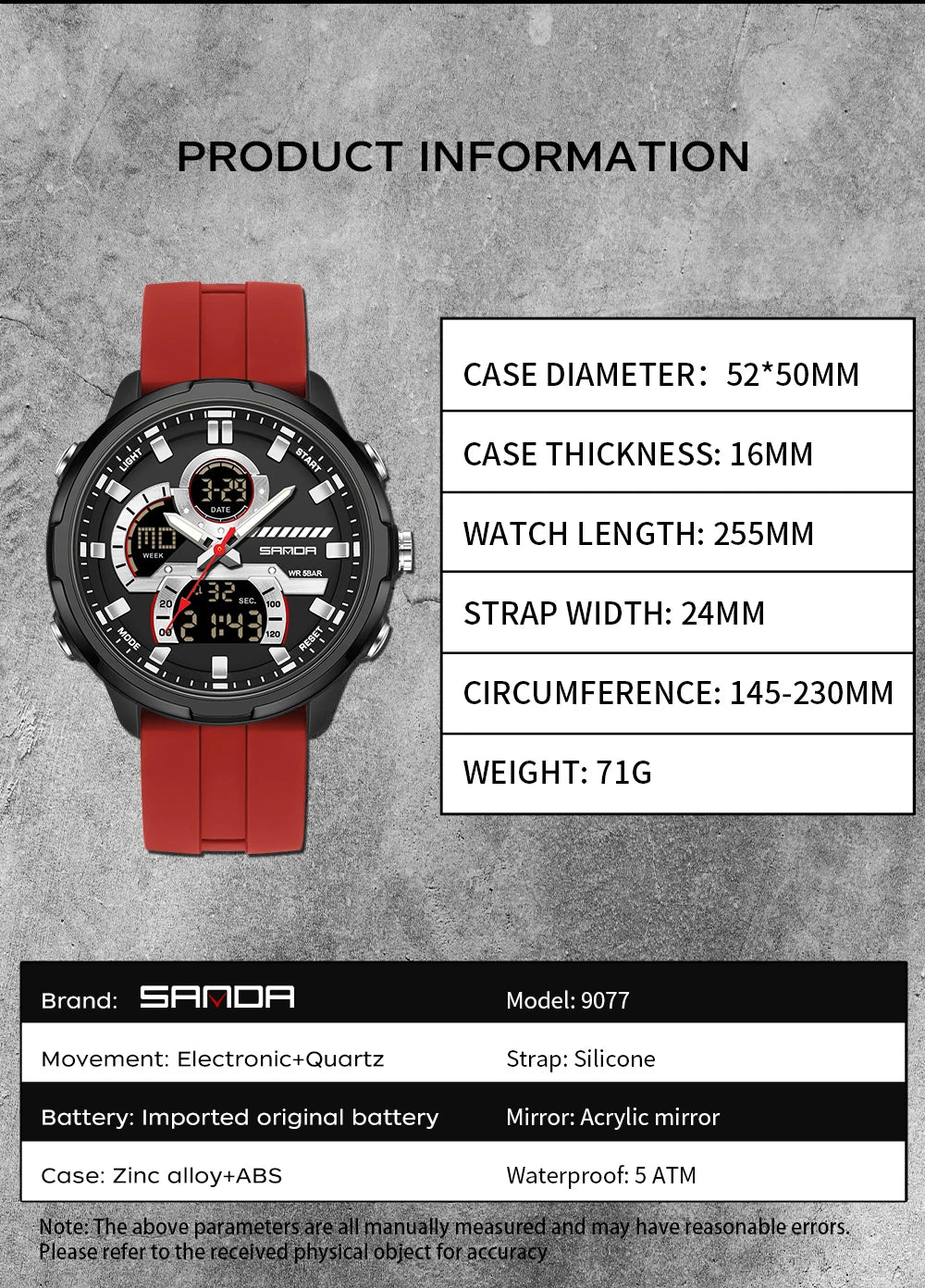Reloj electrónico de cuarzo SNADA para hombre con pantalla Dual deportivo multifuncional LED resistente al agua reloj electrónico de cuarzo para hombre 9077