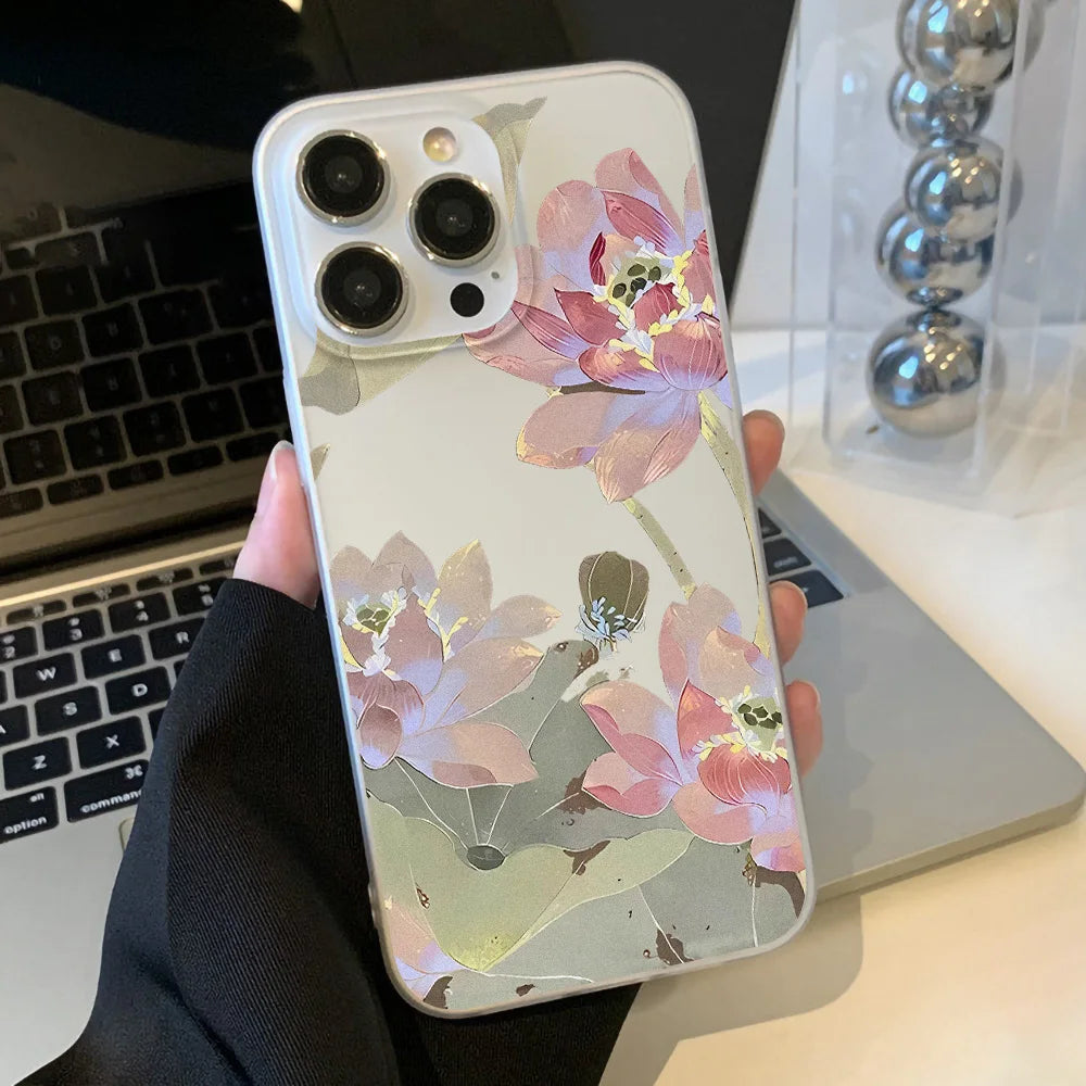 Funda de teléfono con flores para iPhone 16 Pro, funda trasera de piel sedosa delgada translúcida para iPhone 13 11 12 14 15 Pro Max 13 Mini 15 Plus