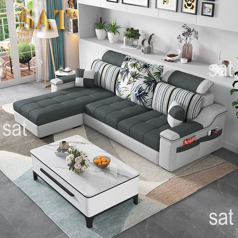 # Juego de Sofás de Tela de Látex en Forma de L, Diseño Moderno y Simple, para Apartamentos Grandes y Pequeños, Combinación Modular para Sala de Estar con Esponja
