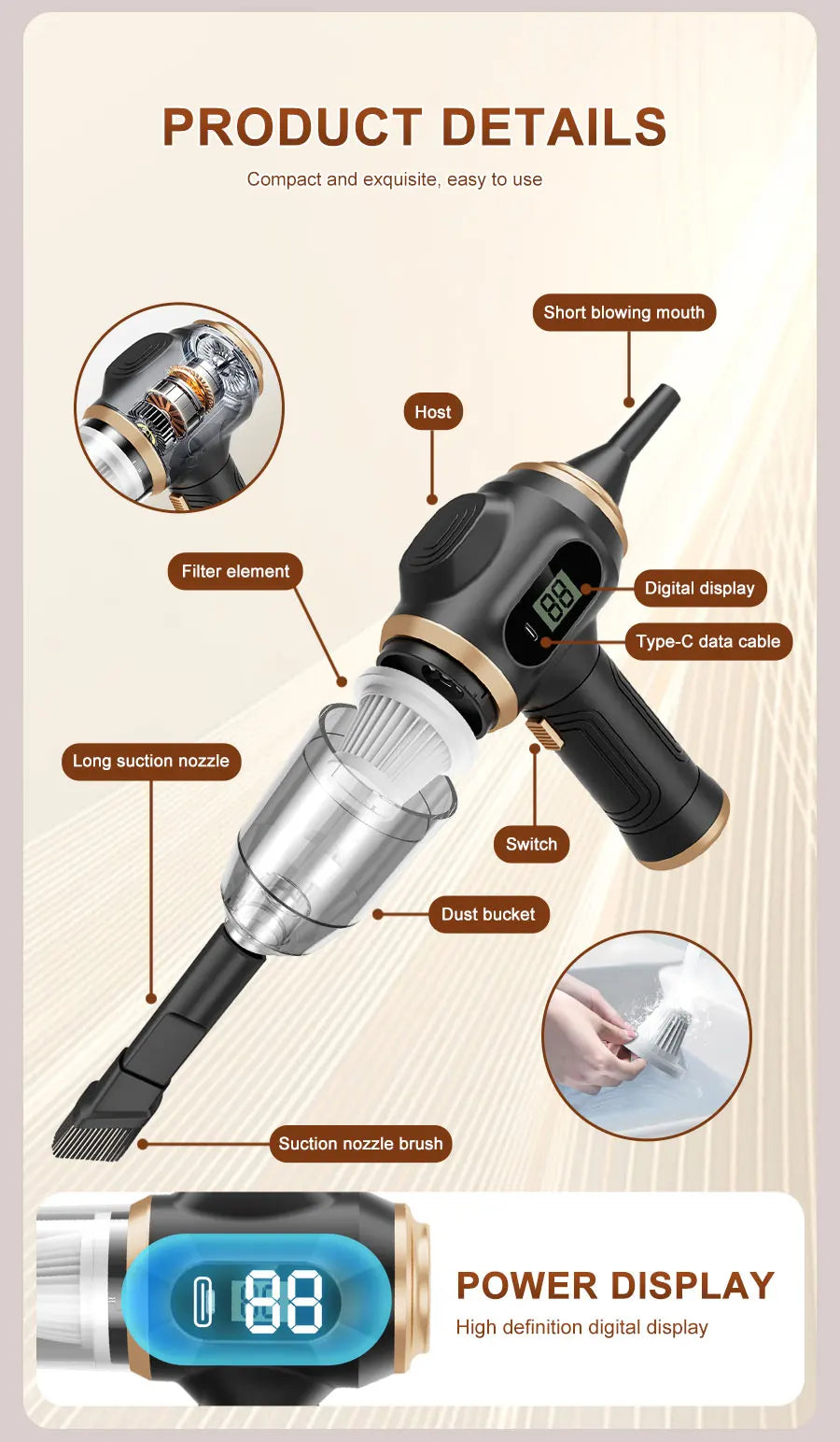 Potente plumero y aspiradora 2 en 1, limpiador inalámbrico de mano con pantalla digital para electrónica, coche, hogar y oficina
