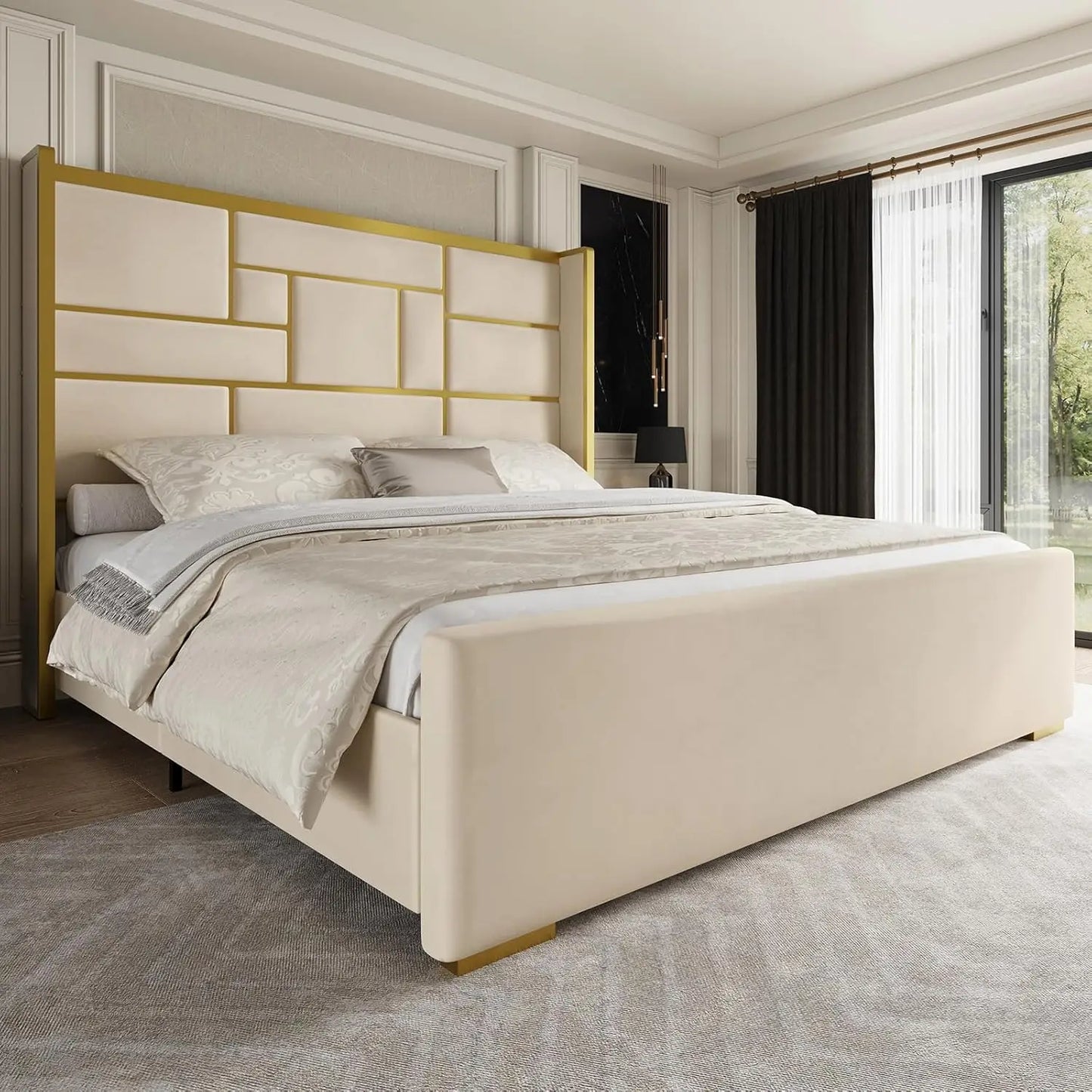 Base de Cama con Cabecera de 55.12 Pulgadas de Alto, Cama de Plataforma Moderna y Lujosa Tapizada en Terciopelo con Detalles en Dorado, Cabecero Ancho, Personalizable
