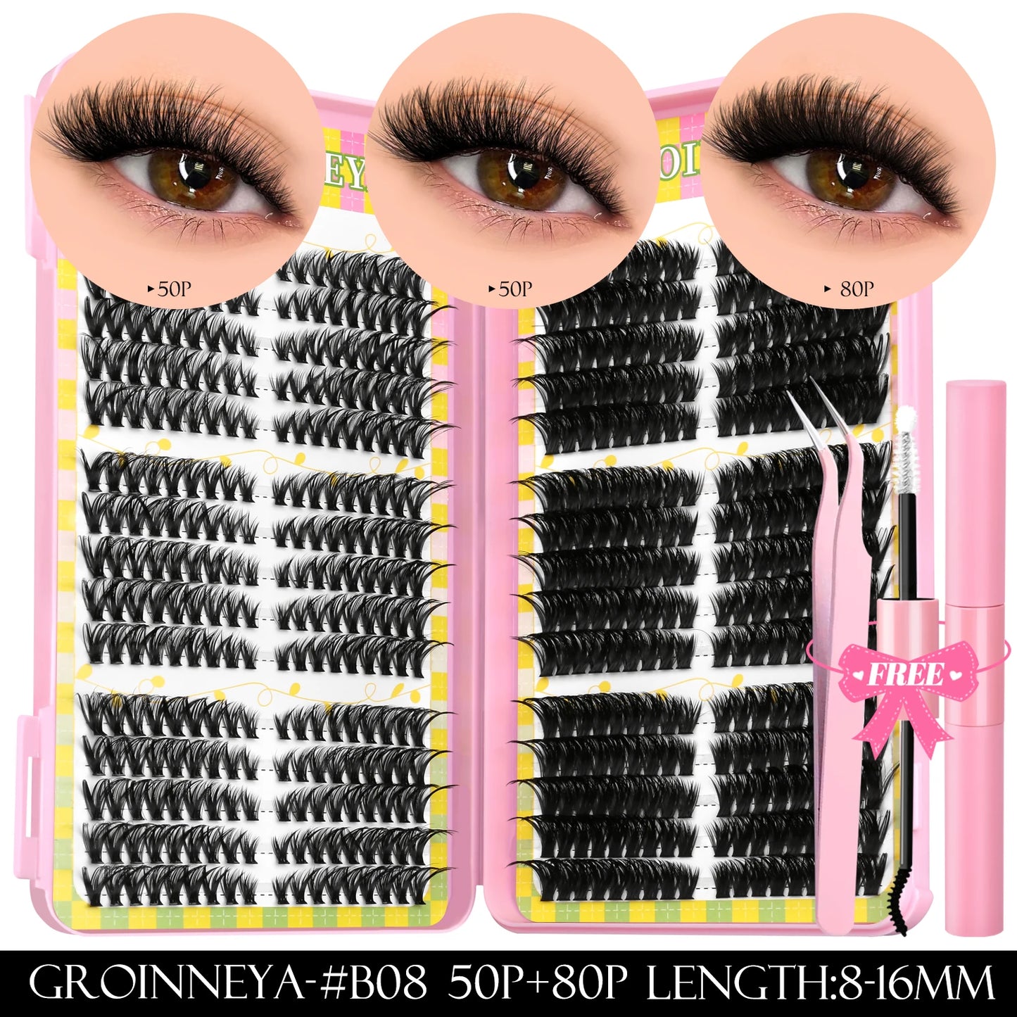 GROINNEYA Clusters de pestañas 540 Uds Kit de extensiones de pestañas de gato Kit de pestañas en racimo con Kit de maquillaje de pestañas Bond & Seal