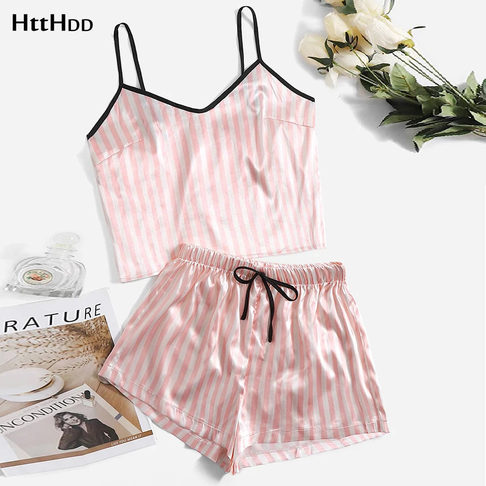 Conjuntos de Pijama Sexy de verano para mujer, Pijamas con patrón de dibujos animados, conjunto de satén sin mangas con tirantes, Pijamas femeninos, ropa de dormir, traje para casa