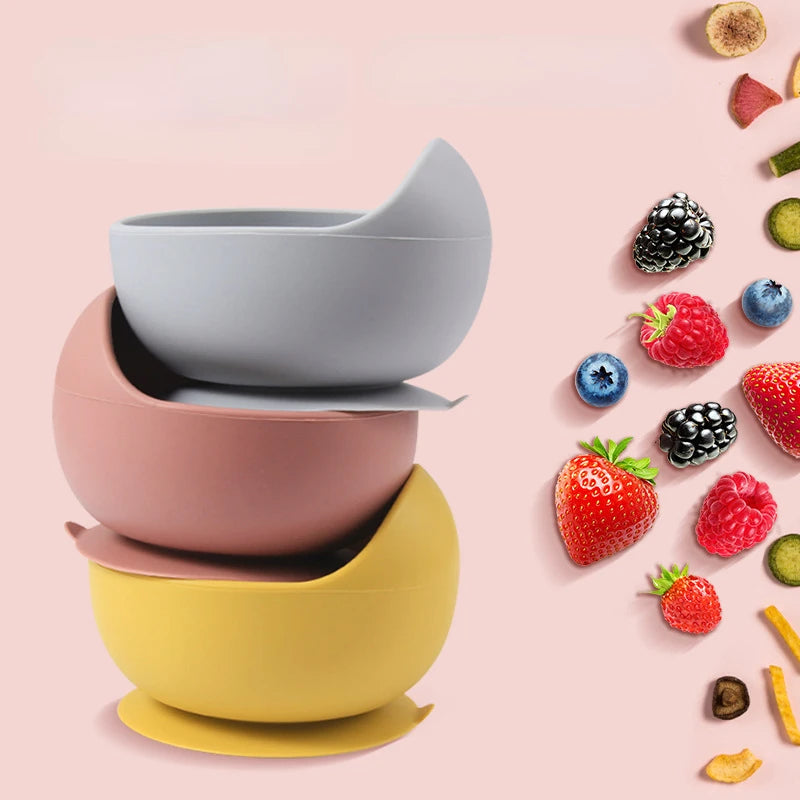 Juego de platos de silicona de grado alimenticio para niños, tazón de alimentación de bebé, plato de succión, taza de paja, cuchara de madera, tenedor, vajilla para niños, platos para niños pequeños