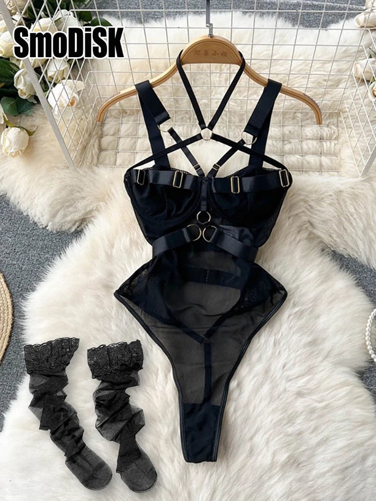Ropa de dormir para fiesta de San Valentín, Catsuits combinados, peleles de tiras de malla eróticos íntimos ajustados, monos de mujer, lencería, conjuntos sexys