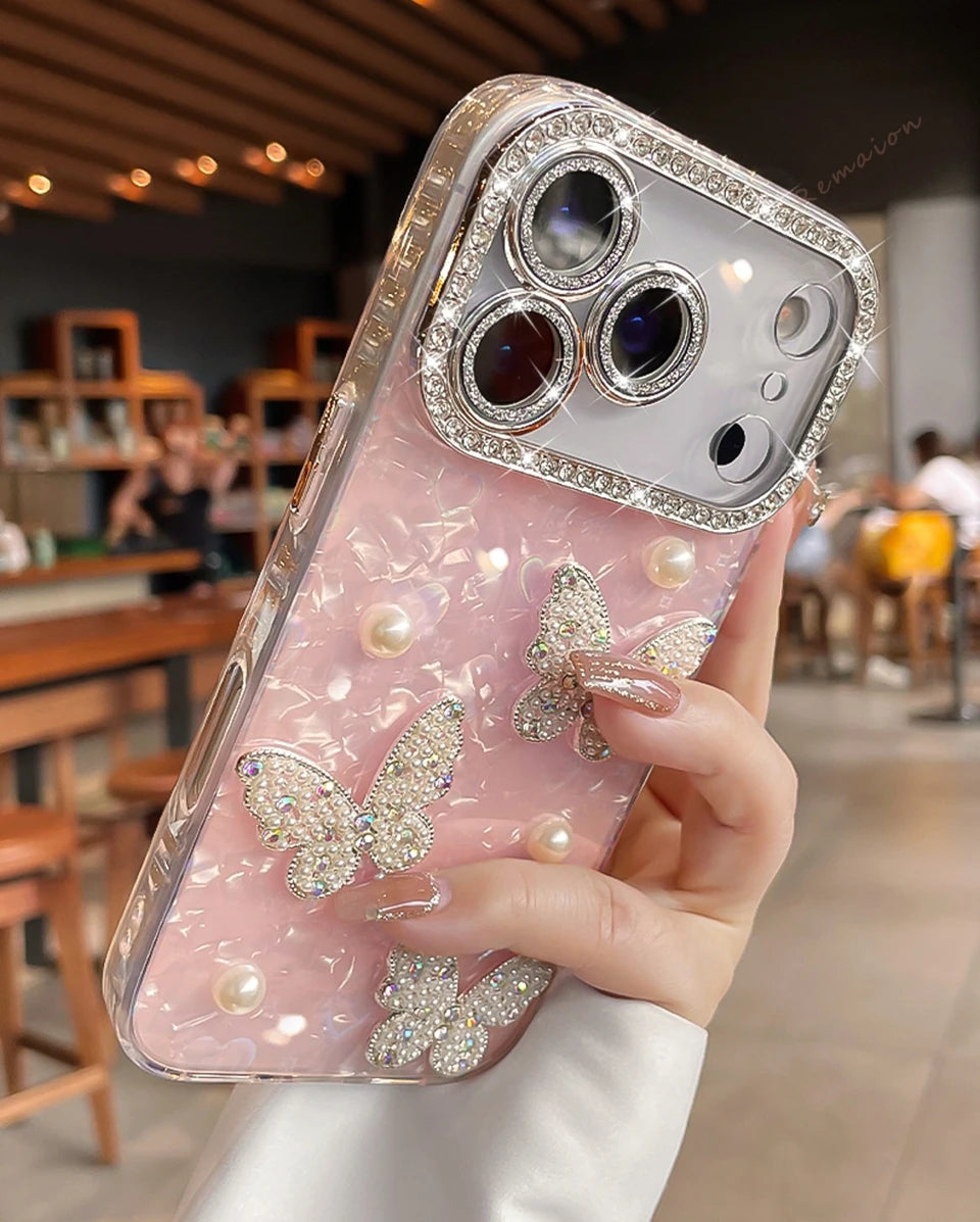 Funda de teléfono con purpurina y diamantes para iPhone 17 Air 11 12 13 16 Pro Max 15 14 16 Plus 17Pro Max, funda protectora de mariposa bonita