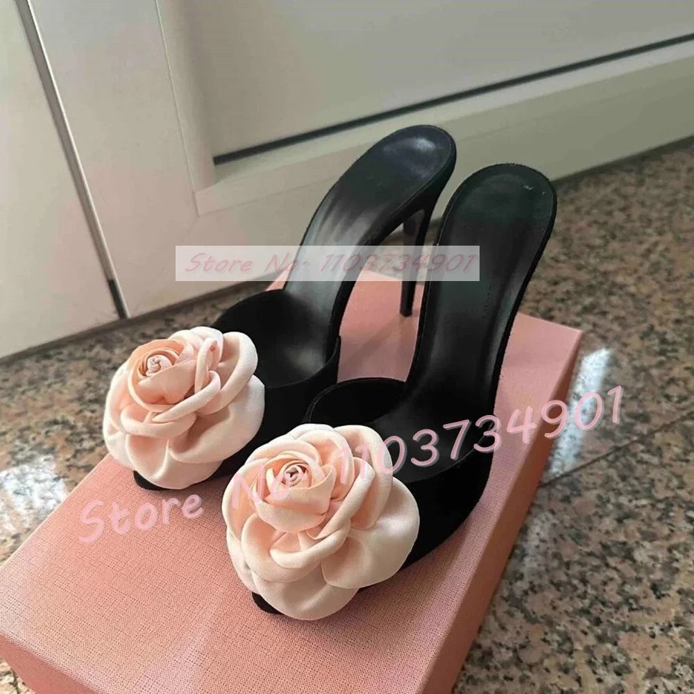 Mules de tacón alto fino de satén para mujer, zapatos aterciopelados con apliques florales, color rosa y rosa, elegantes y negros