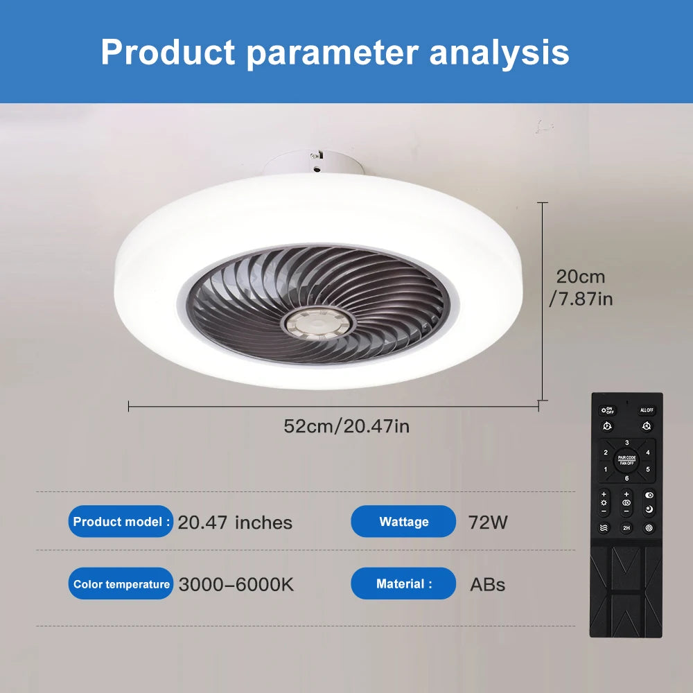 Ventilador de techo inteligente con luces, Control remoto, decoración de dormitorio, lámpara de ventilador, aspas invisibles de aire silenciosas de 52cm