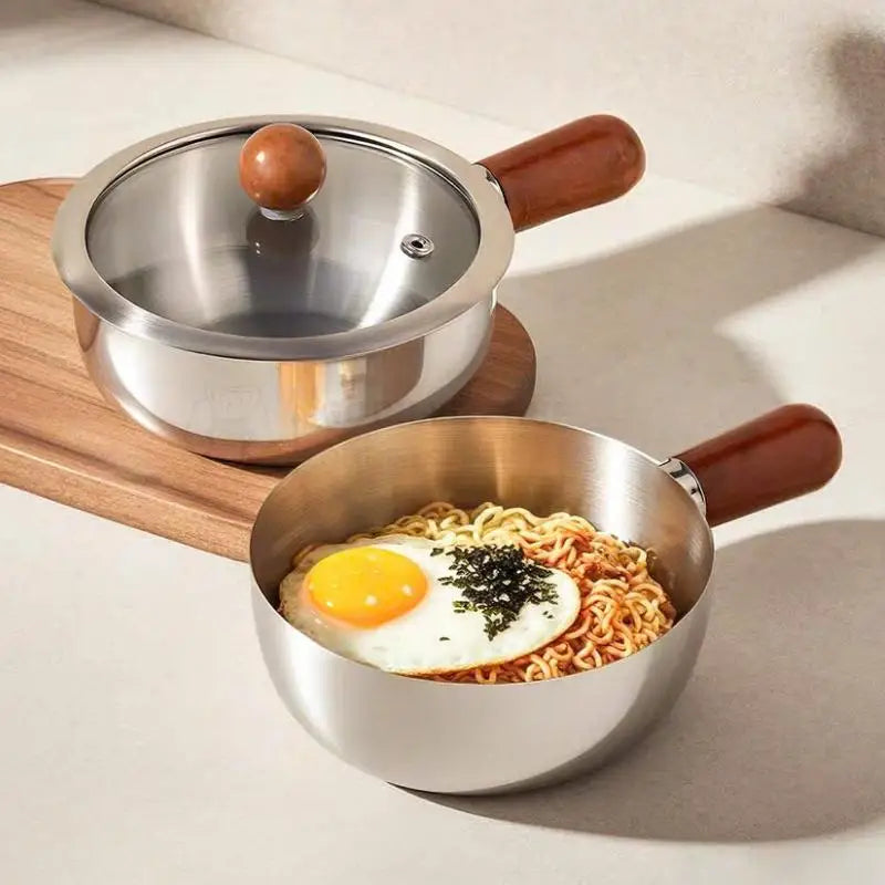 【A】Sartenes de cocina de acero inoxidable de 17 cm/14 cm con mango de madera y tapa de vidrio - Ollas pequeñas multiusos para fideos y huevos
