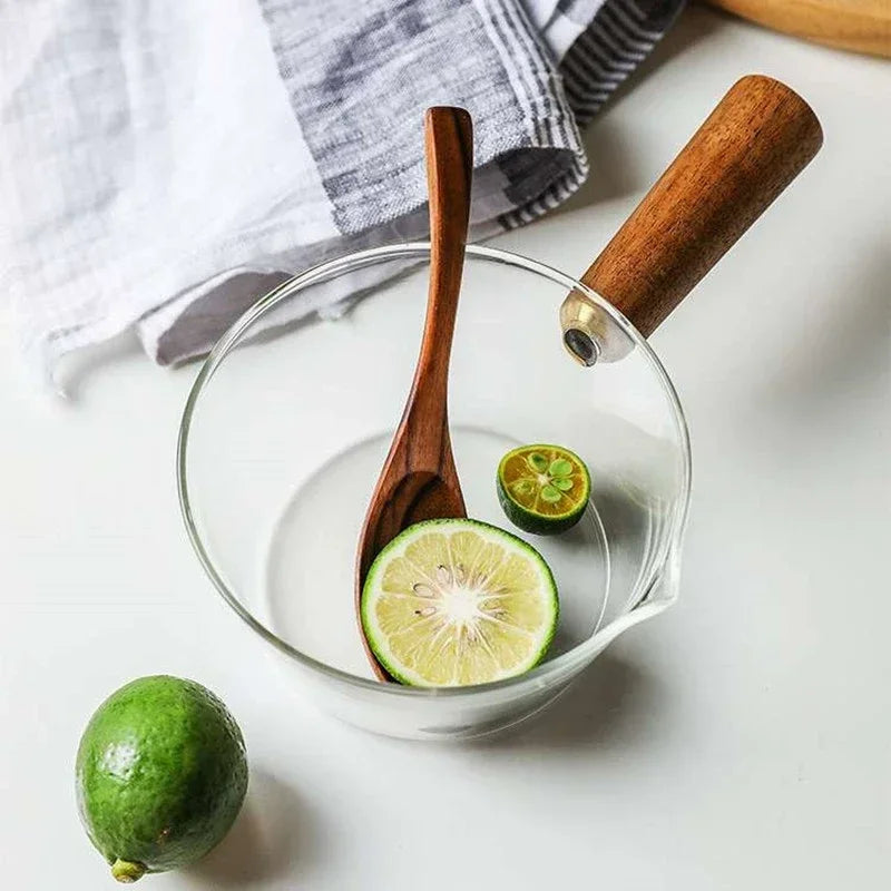 Olla de leche práctica con mango de madera y vidrio de 400/600ml, sartén para sopa, olla con mango de madera y vidrio, ollas estables de un solo mango, herramientas para cocinar
