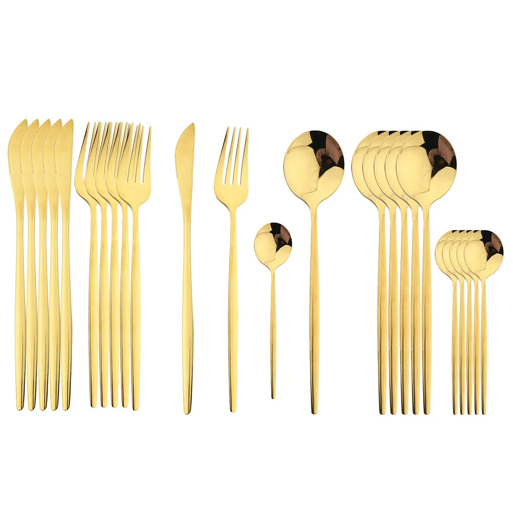 Juego de cubiertos dorados con mango negro, 24 Uds., cuchillo de acero inoxidable, tenedor, cuchara, vajilla, juego de cubiertos, vajilla de cocina para Festival, regalo