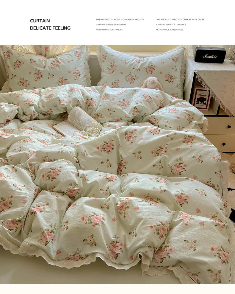 Juegos de funda nórdica de algodón lavado, juego de cama con estampado de flores individual/Queen/king, estilo princesa, funda de couette de 220x240 con encaje