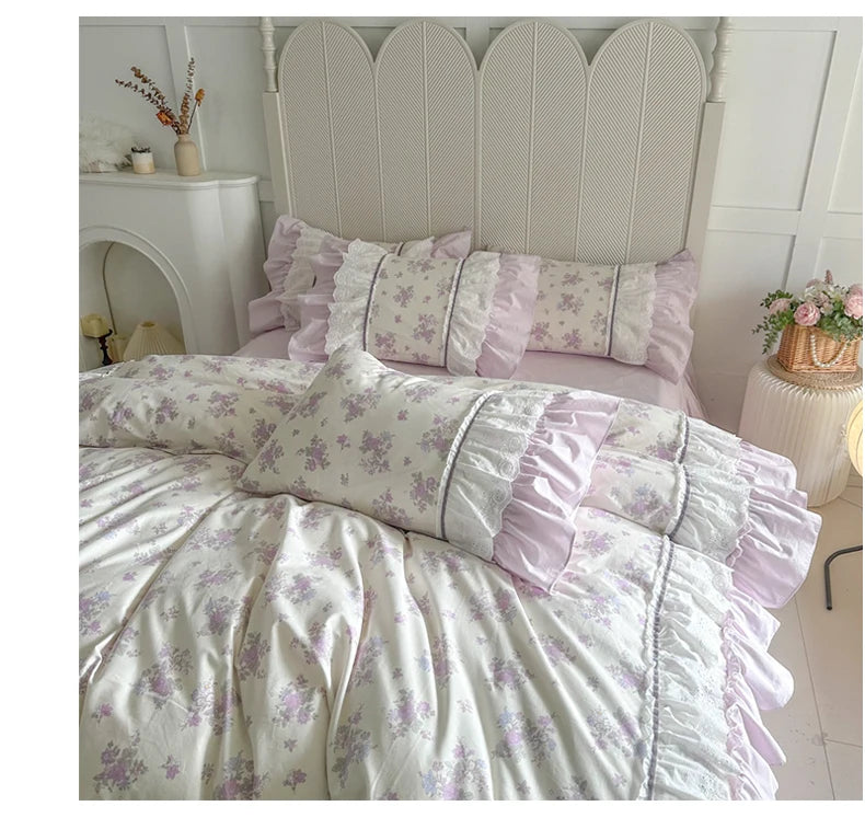 Juego de Ropa de Cama de Algodón 100% con Volantes de Encaje de Doble Capa y Diseño Floral Rosa, Incluye Funda Nórdica, Sábana, Falda de Cama, Sábana Ajustable y Fundas de Almohada (4 Piezas)