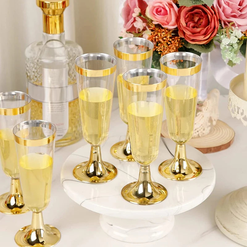 Copas de champán de plástico desechables, 6/12/24/36 uds, 5OZ, Copas de champán doradas, tazas para cóctel de fiesta de boda, suministros de celebración