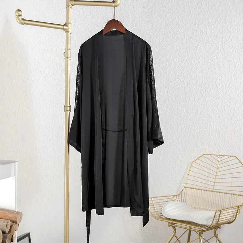 Sexy Intimate Lingerie Perspective Nightwear Lace Patchwork Home Wear Robe Suit Lady Kimono Gown Sleepwear Satin Nighty Bathrobe