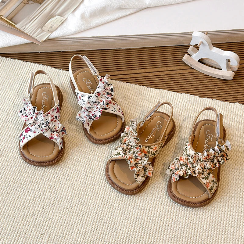 Sandalias de verano para niña, con punta abierta, con gancho y lazo, elegantes, zapatos planos para niños, colores sólidos, ligeros, cómodos, informales, para uso diario, zapatos para niños 23-33