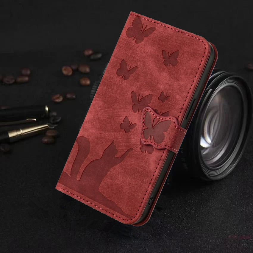 Funda tipo cartera de cuero con diseño de gato y mariposa para iPhone 17, 15, 16, 14, 13, 12, 11 Pro Max, iPhone 15 Plus