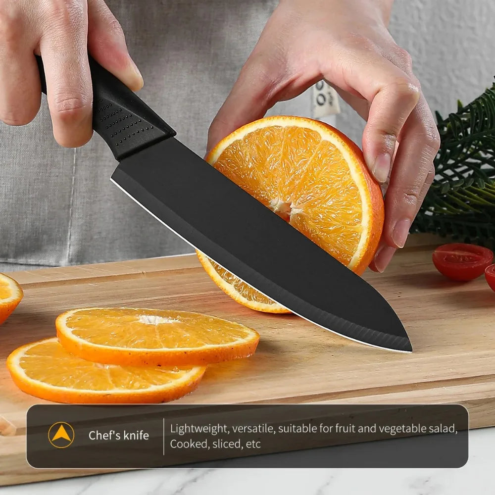 Juego de cuchillos de cocina con soporte para cuchillos, juego de cuchillos de acero negro de alta calidad, cuchillo de regalo, utensilios de cocina de acero inoxidable para el hogar, 6 uds.