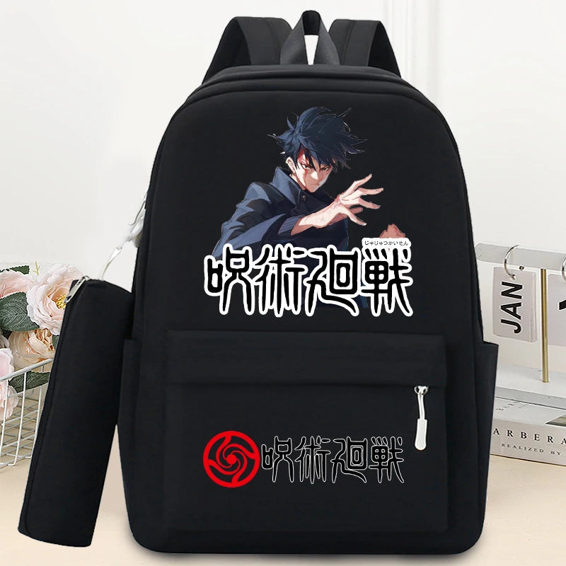 Mochilas Jujutsu Kaisen de 2 piezas con estuche para lápices para estudiantes, mochila escolar con estampado de dibujos animados, mochila de moda para guardar libros y artículos de papelería