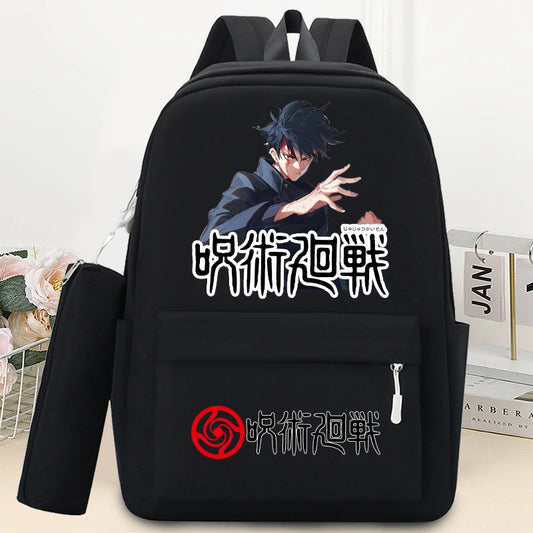 Mochilas Jujutsu Kaisen de 2 piezas con estuche para lápices para estudiantes, mochila escolar con estampado de dibujos animados, mochila de moda para guardar libros y artículos de papelería