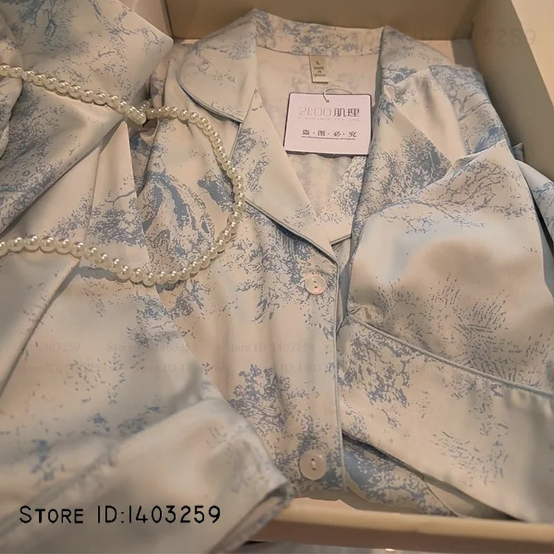 Nuevos Pijamas de satén sedoso para mujer, conjunto de 2 uds de Pijamas, ropa de dormir para primavera y otoño, ropa de salón, ropa de casa informal holgada para mujer, lencería