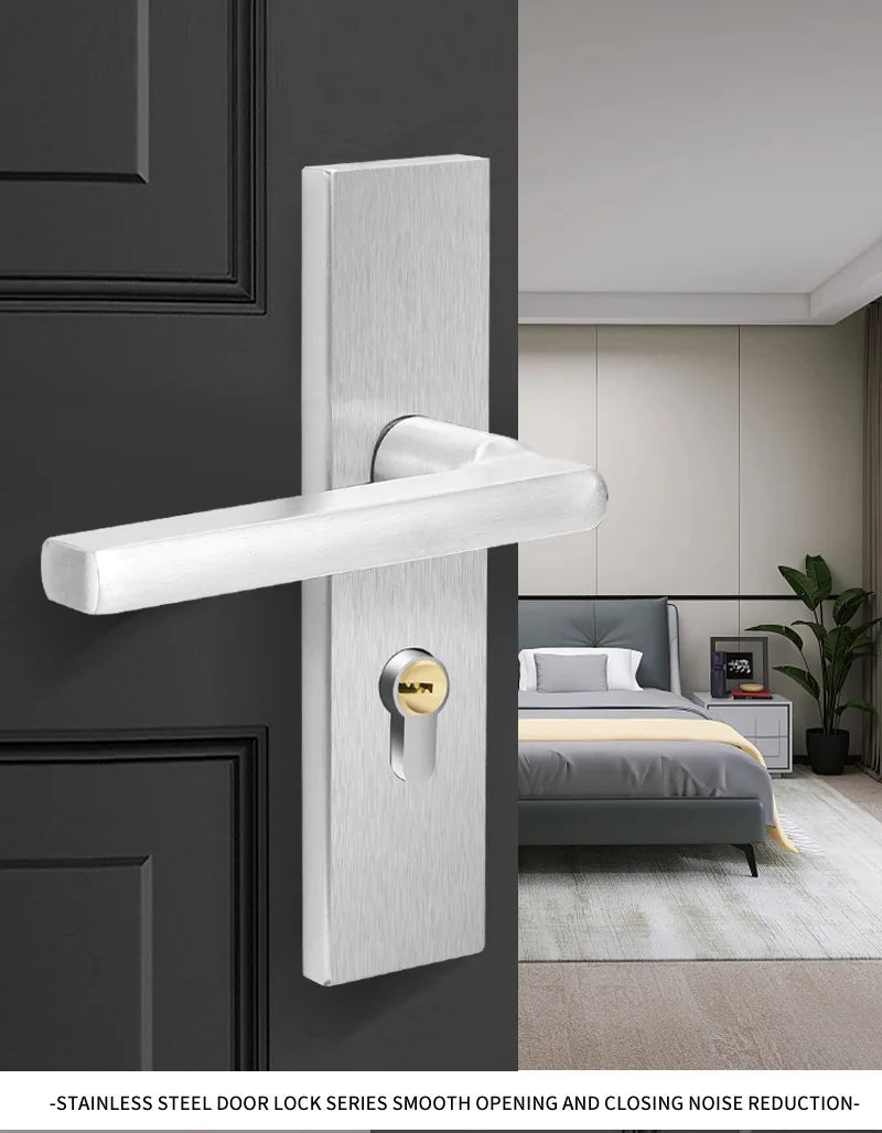 Juego de cerradura de puerta de acero inoxidable 304, manija de palanca de puerta Interior silenciosa para dormitorio, baño, manija de prensa, cerradura para puerta de madera maciza