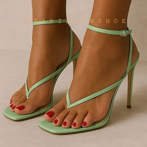 Sandalias de Tacón Alto con Punta Abierta y Correa en el Tobillo, de Cuero, con Hebilla, Diseño Sólido, Tacón Fino, para Mujer, con Lazos y Correa Trasera