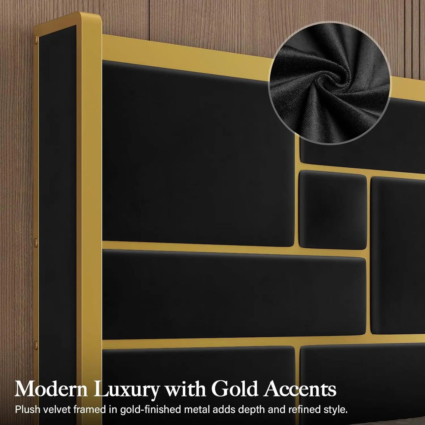 Base de Cama con Cabecera de 55.12 Pulgadas de Alto, Cama de Plataforma Moderna y Lujosa Tapizada en Terciopelo con Detalles en Dorado, Cabecero Ancho, Personalizable